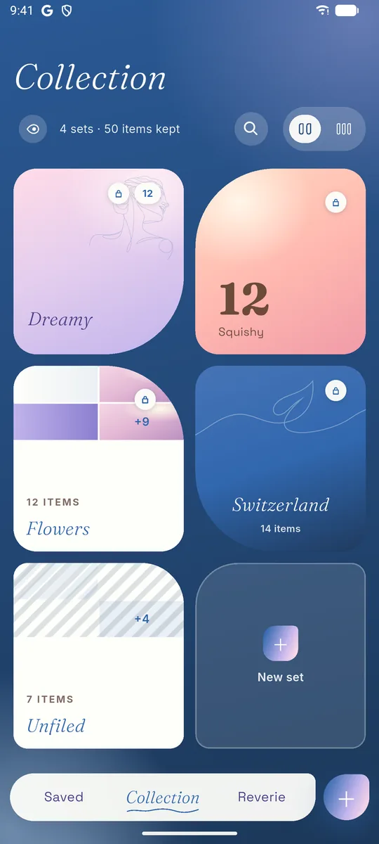 The Collection screen: sets such as Dreamy, Squishy, Flowers and Switzerland, each with its own cover and item count
