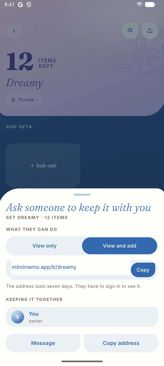 The Ask someone to keep it with you sheet: choose View only or View and add, then copy the invite address