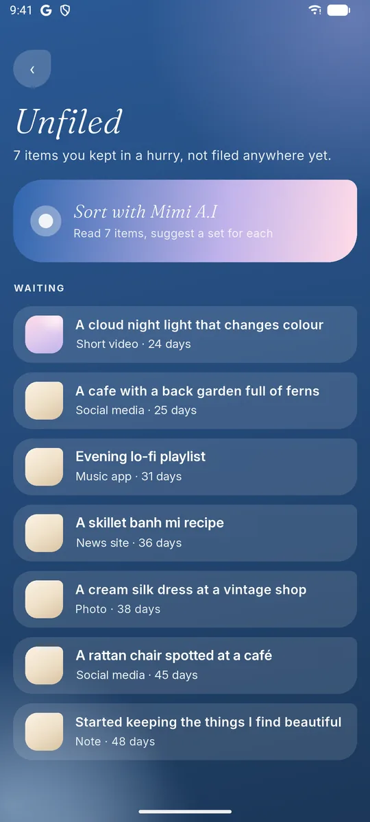 The Unfiled screen: Sort with Mimi A.I reads the waiting items and suggests a set for each