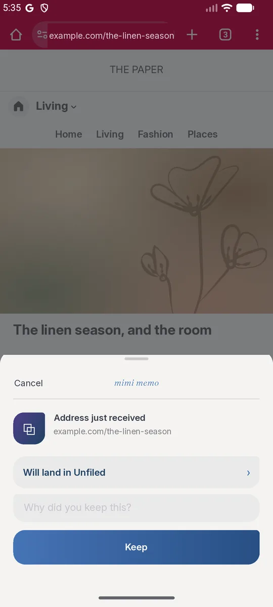 Reading an article in the browser, tapping Share and choosing Mimi Memo: a small tray slides up to keep it