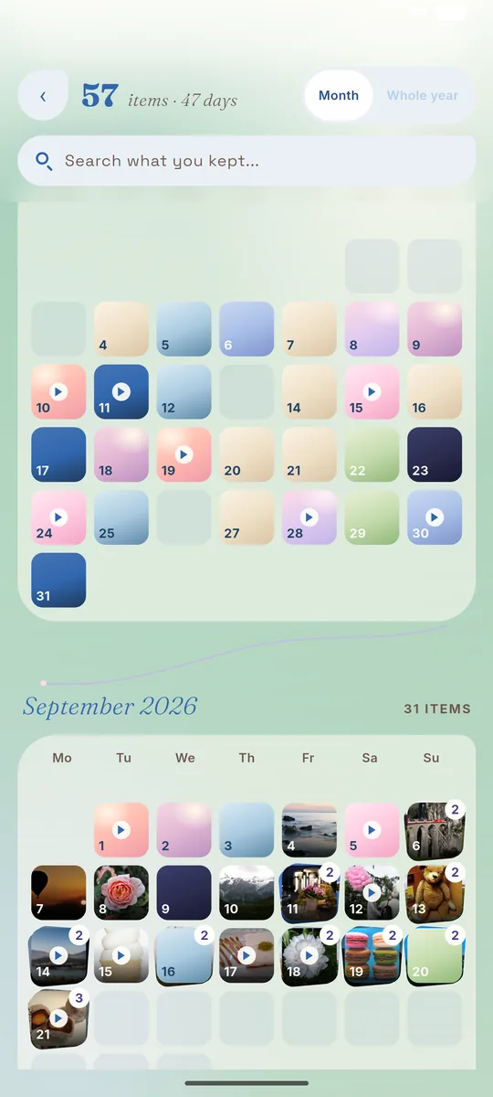 The September calendar: each day is a small tile showing what you kept that day