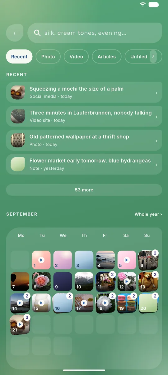 The search screen: a search box, filters for Recent, Photo, Video and Articles, and the items kept most recently