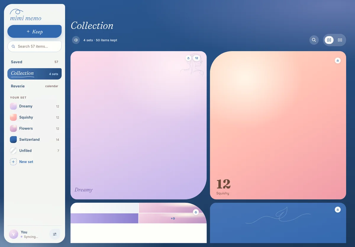 Mimi on a computer: the sidebar holds Saved, Collection, Reverie and your sets; the collection grid fills the rest