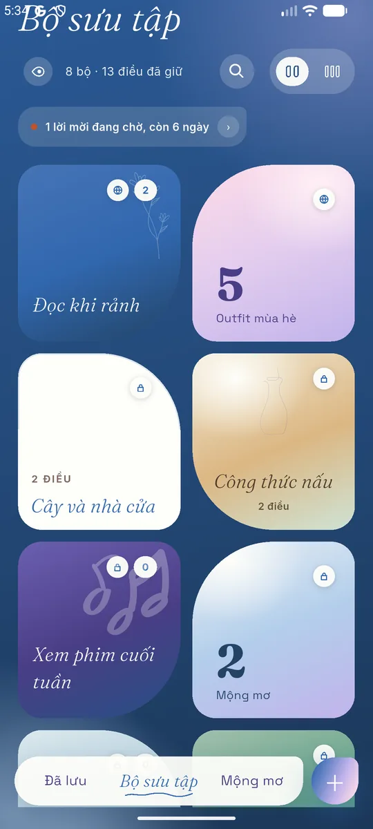 Màn Bộ sưu tập: các bộ như Đọc khi rảnh, Outfit mùa hè, Cây và nhà cửa, mỗi bộ một ô màu và số điều