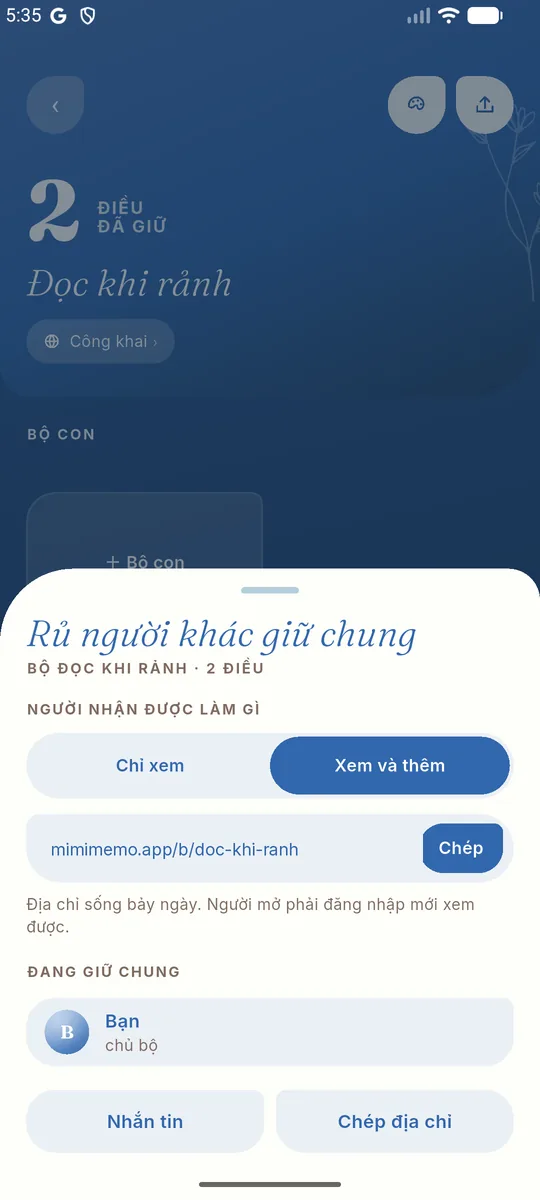 Sheet Rủ người khác giữ chung: chọn Chỉ xem hoặc Xem và thêm, rồi chép địa chỉ mời