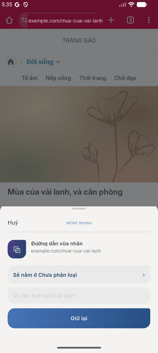 Đang đọc báo trên trình duyệt, bấm Chia sẻ rồi chọn Mimi Memo: một khay nhỏ hiện lên để giữ bài đó