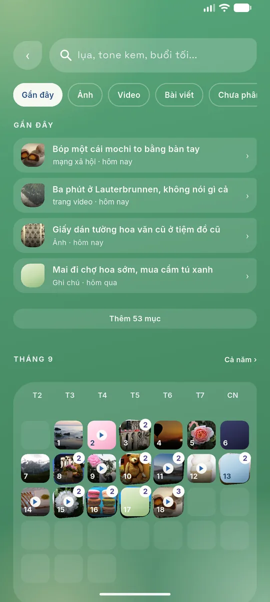 Màn Tìm: ô tìm, các thẻ lọc Gần đây, Ảnh, Video, Bài viết và danh sách điều vừa giữ